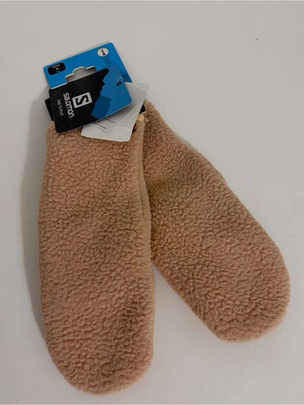 Salomon Sherpa Mittens in Beige with Blue Tag